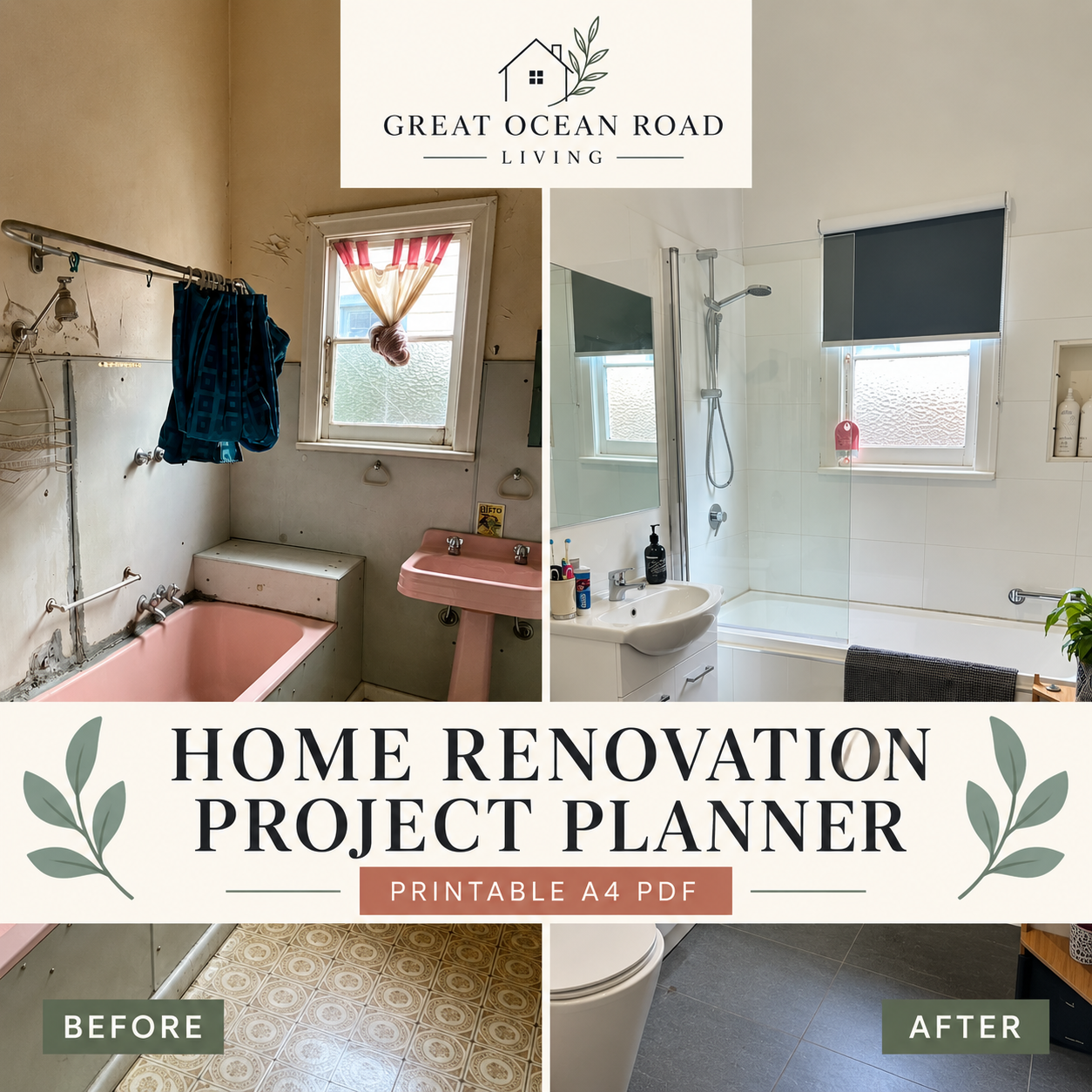 Home Renovation Project Planner cover with before and after bathroom photographs